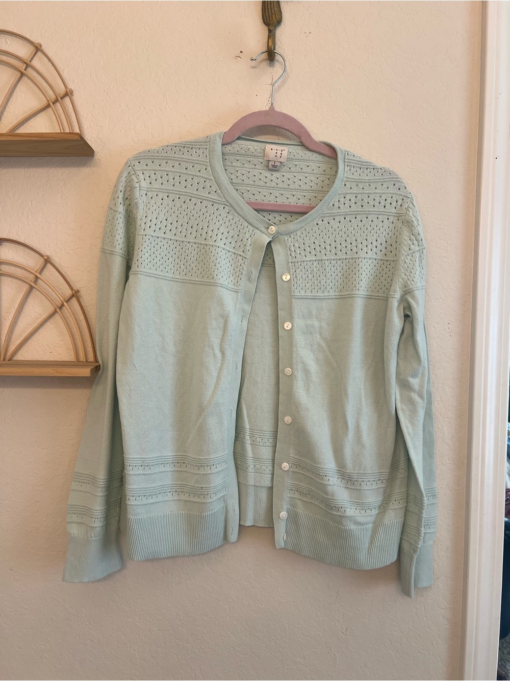 a new day Mint Green Eyelet Knit Button-Front Cardigan